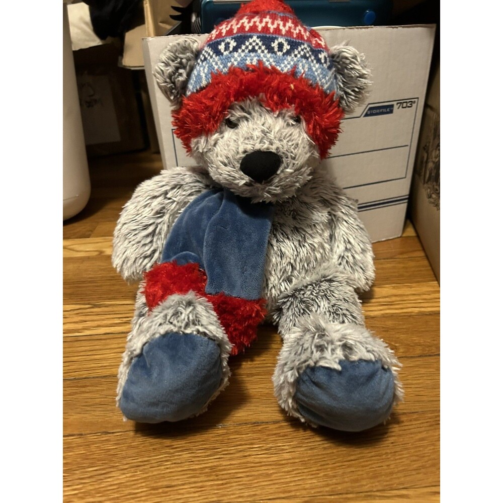 Gentle Treasures Grey Teddy Bear 12" Plush Red Blue Winter Christmas Hat Scarf